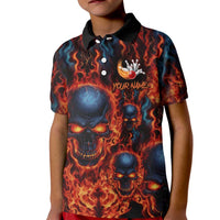 Custom Flaming Skull Bowling Kid Polo Shirt with Fiery Pins and Intense Red Blue Flame Pattern - Wonder Print Shop