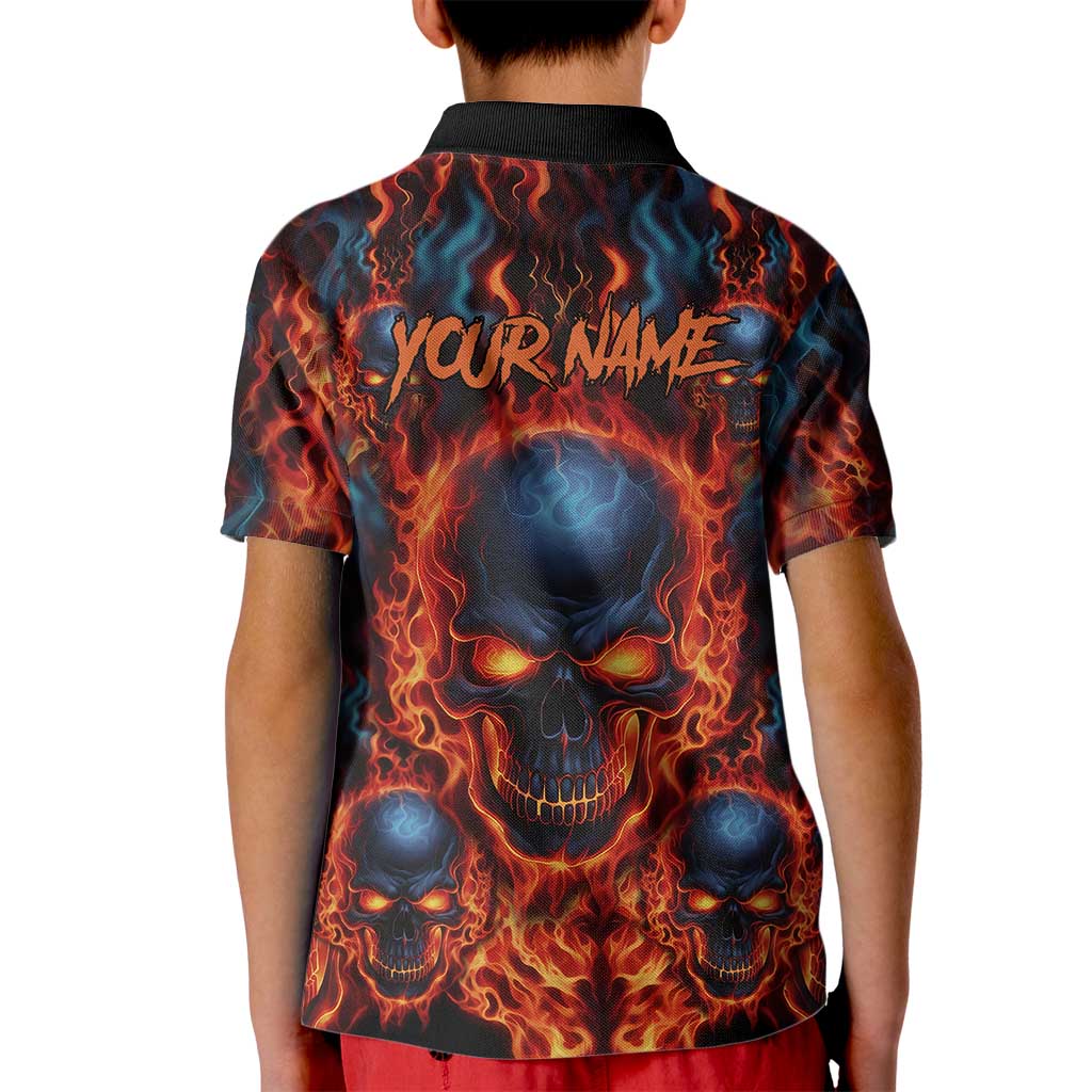 Custom Flaming Skull Bowling Kid Polo Shirt with Fiery Pins and Intense Red Blue Flame Pattern - Wonder Print Shop