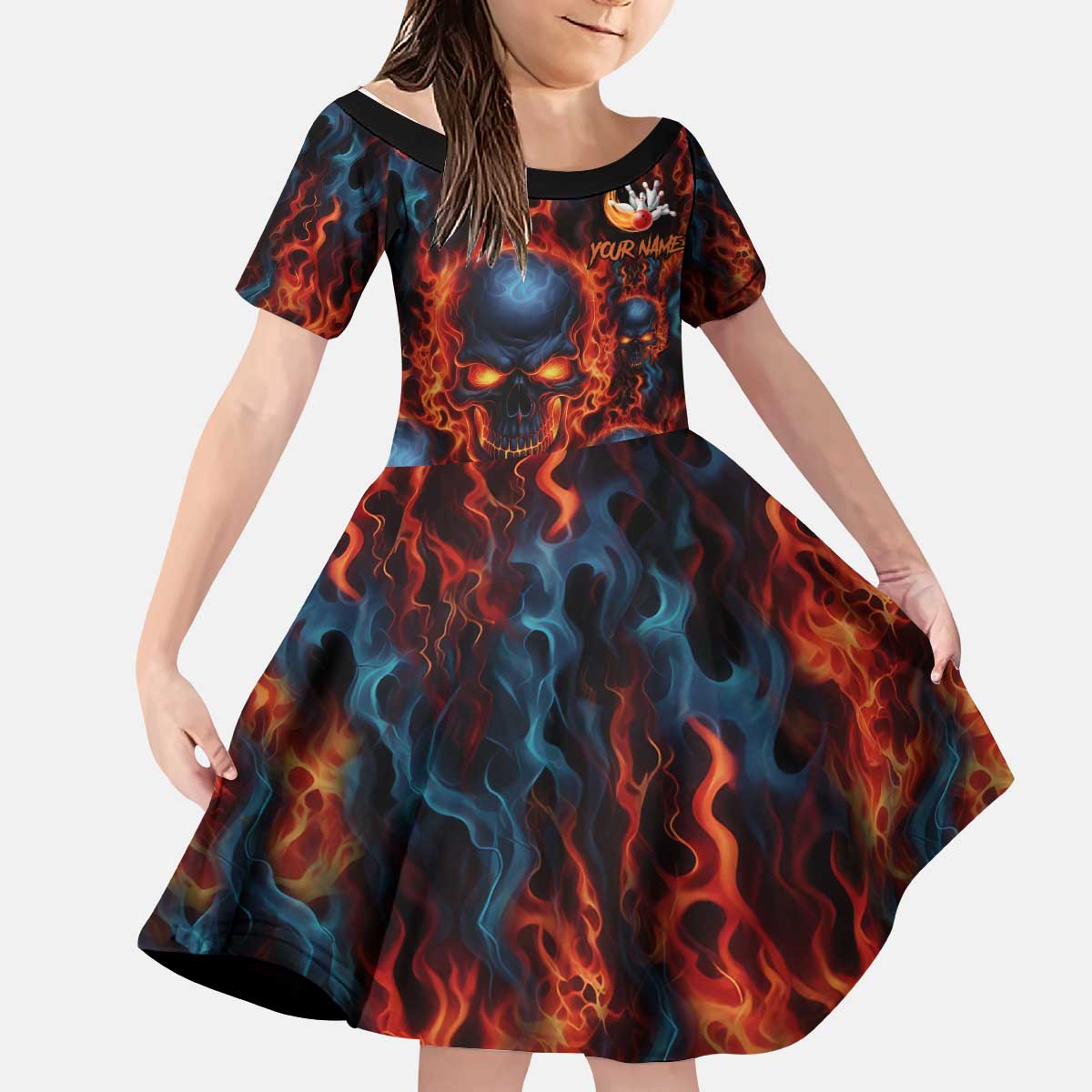 Custom Flaming Skull Bowling Kid Short Sleeve Dress with Fiery Pins and Intense Red Blue Flame Pattern - Wonder Print Shop