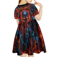 Custom Flaming Skull Bowling Kid Short Sleeve Dress with Fiery Pins and Intense Red Blue Flame Pattern - Wonder Print Shop