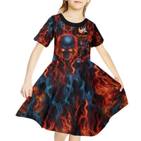 Custom Flaming Skull Bowling Kid Short Sleeve Dress with Fiery Pins and Intense Red Blue Flame Pattern - Wonder Print Shop