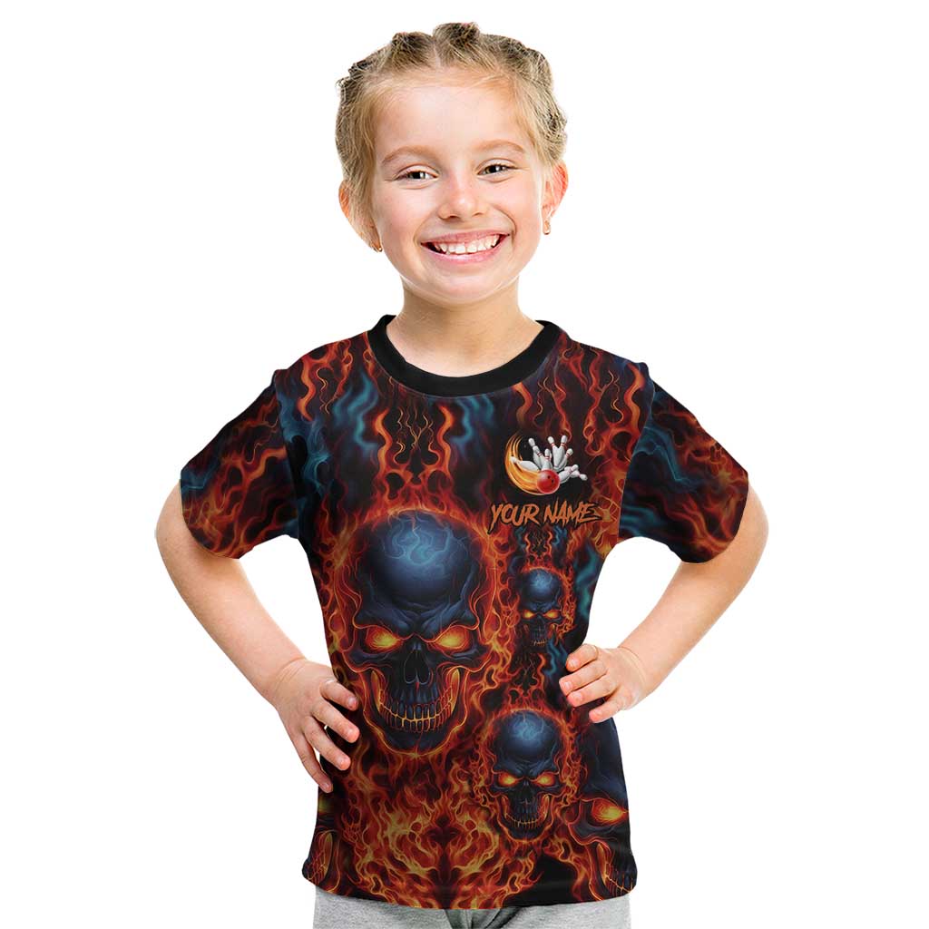 Custom Flaming Skull Bowling Kid T Shirt with Fiery Pins and Intense Red Blue Flame Pattern - Wonder Print Shop