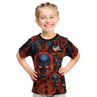 Custom Flaming Skull Bowling Kid T Shirt with Fiery Pins and Intense Red Blue Flame Pattern - Wonder Print Shop