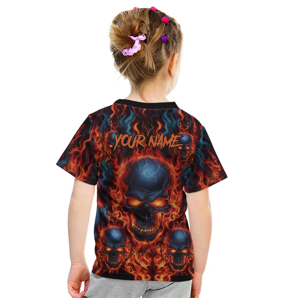 Custom Flaming Skull Bowling Kid T Shirt with Fiery Pins and Intense Red Blue Flame Pattern - Wonder Print Shop
