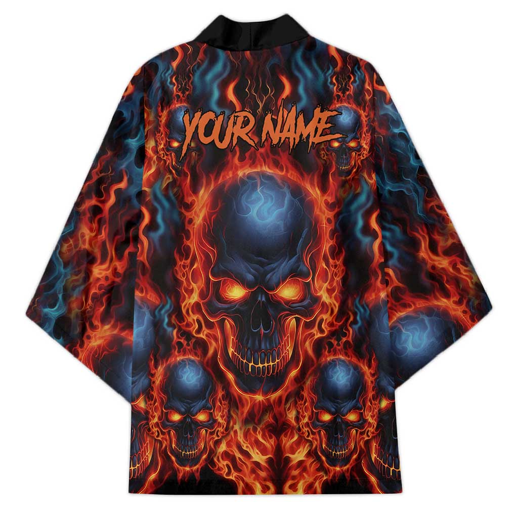 Custom Flaming Skull Bowling Kimono with Fiery Pins and Intense Red Blue Flame Pattern - Wonder Print Shop