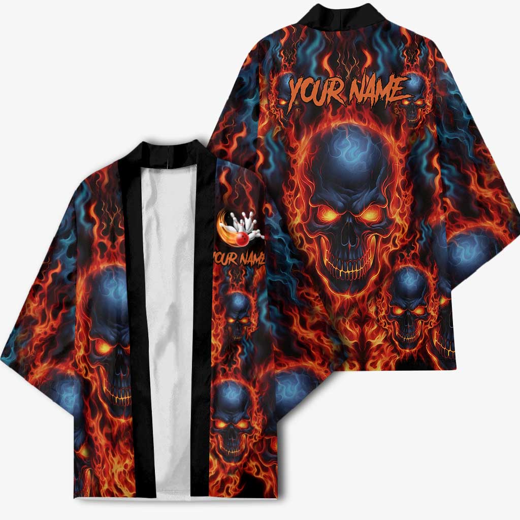 Custom Flaming Skull Bowling Kimono with Fiery Pins and Intense Red Blue Flame Pattern - Wonder Print Shop