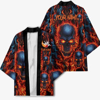 Custom Flaming Skull Bowling Kimono with Fiery Pins and Intense Red Blue Flame Pattern - Wonder Print Shop