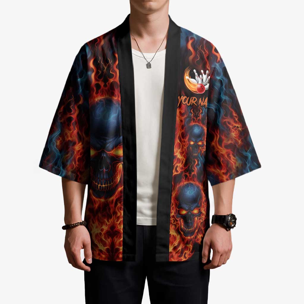 Custom Flaming Skull Bowling Kimono with Fiery Pins and Intense Red Blue Flame Pattern - Wonder Print Shop