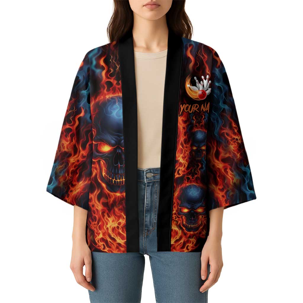 Custom Flaming Skull Bowling Kimono with Fiery Pins and Intense Red Blue Flame Pattern - Wonder Print Shop