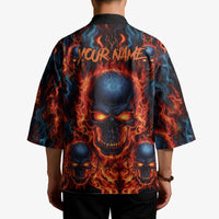 Custom Flaming Skull Bowling Kimono with Fiery Pins and Intense Red Blue Flame Pattern - Wonder Print Shop