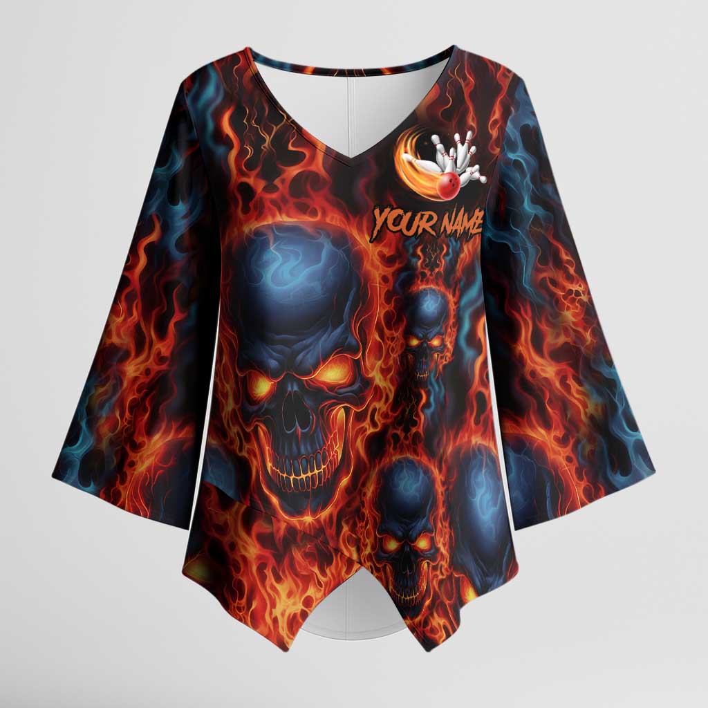 Custom Flaming Skull Bowling Kimono Sleeve Blouse with Fiery Pins and Intense Red Blue Flame Pattern - Wonder Print Shop