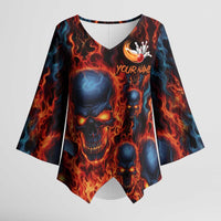 Custom Flaming Skull Bowling Kimono Sleeve Blouse with Fiery Pins and Intense Red Blue Flame Pattern - Wonder Print Shop