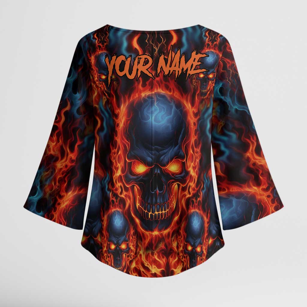Custom Flaming Skull Bowling Kimono Sleeve Blouse with Fiery Pins and Intense Red Blue Flame Pattern - Wonder Print Shop