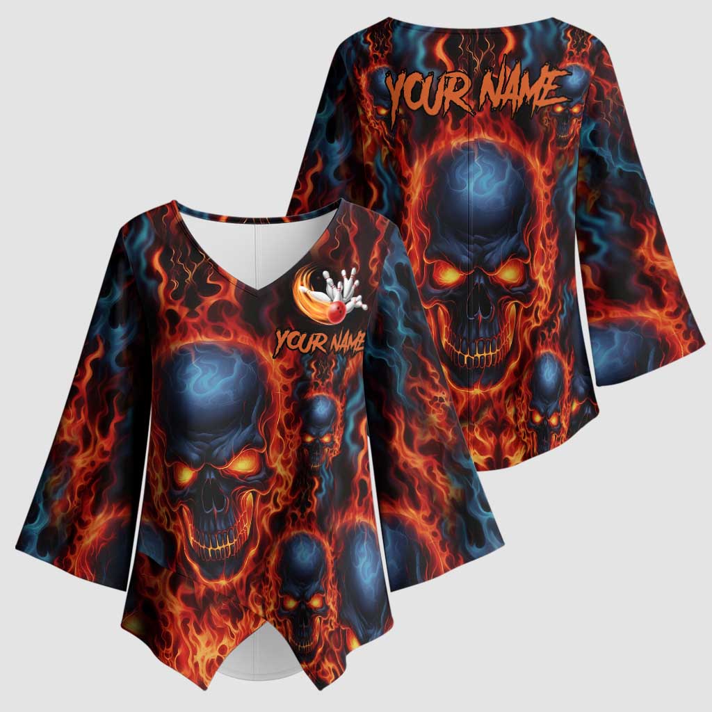 Custom Flaming Skull Bowling Kimono Sleeve Blouse with Fiery Pins and Intense Red Blue Flame Pattern - Wonder Print Shop