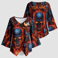 Custom Flaming Skull Bowling Kimono Sleeve Blouse with Fiery Pins and Intense Red Blue Flame Pattern - Wonder Print Shop