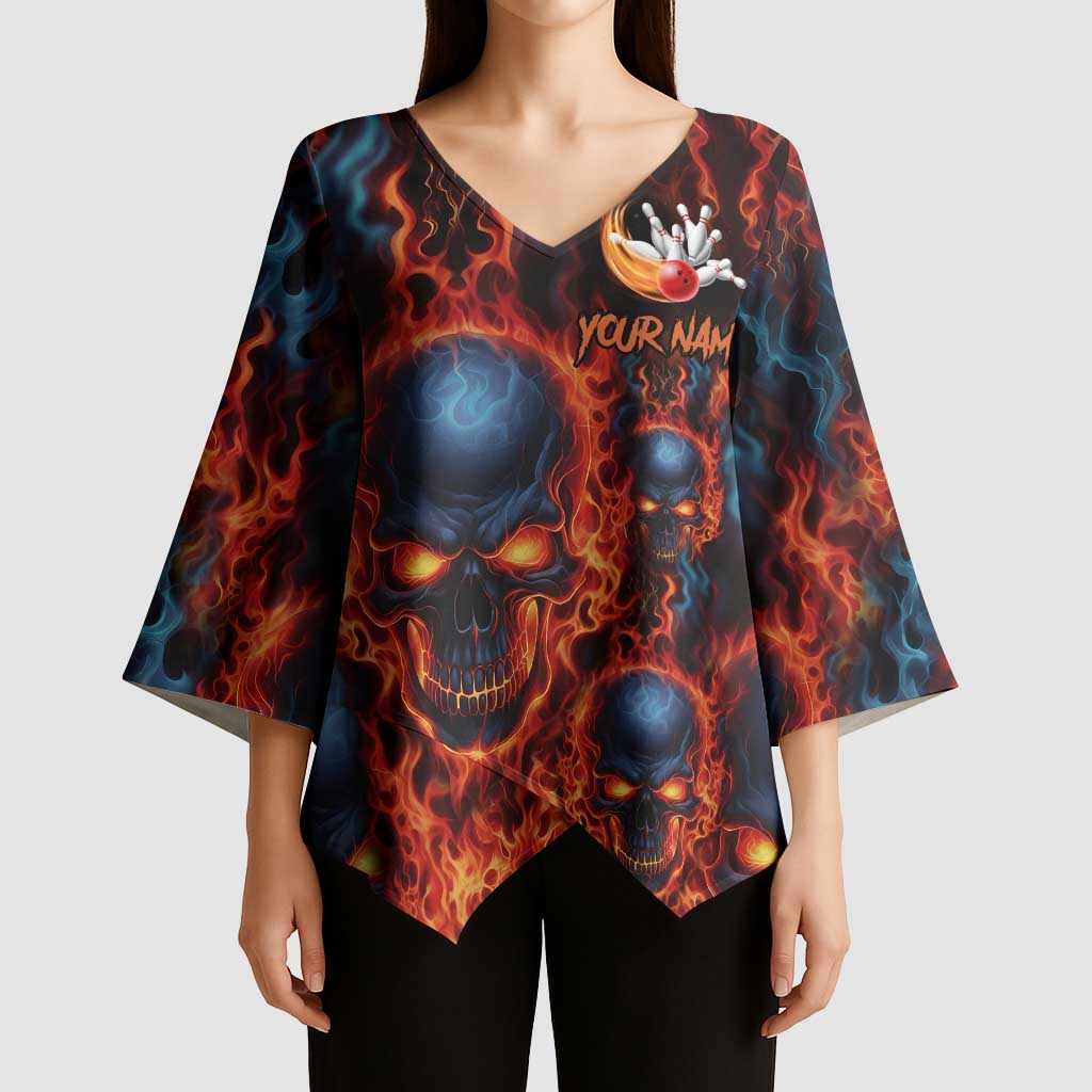 Custom Flaming Skull Bowling Kimono Sleeve Blouse with Fiery Pins and Intense Red Blue Flame Pattern - Wonder Print Shop