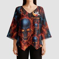 Custom Flaming Skull Bowling Kimono Sleeve Blouse with Fiery Pins and Intense Red Blue Flame Pattern - Wonder Print Shop