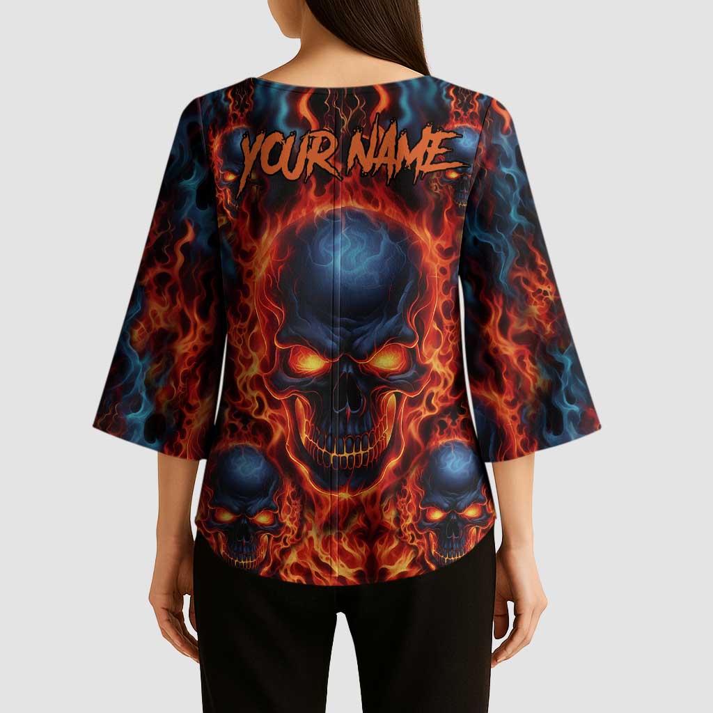 Custom Flaming Skull Bowling Kimono Sleeve Blouse with Fiery Pins and Intense Red Blue Flame Pattern - Wonder Print Shop