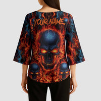 Custom Flaming Skull Bowling Kimono Sleeve Blouse with Fiery Pins and Intense Red Blue Flame Pattern - Wonder Print Shop