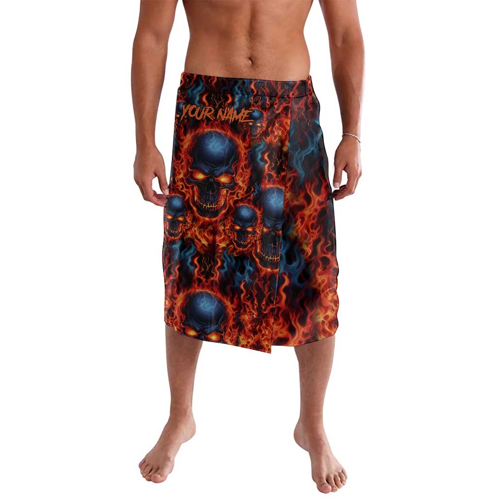 Custom Flaming Skull Bowling Lavalava with Fiery Pins and Intense Red Blue Flame Pattern - Wonder Print Shop