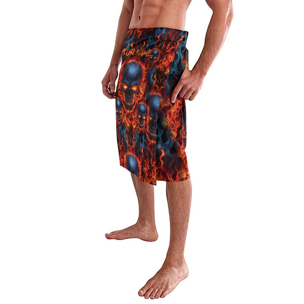 Custom Flaming Skull Bowling Lavalava with Fiery Pins and Intense Red Blue Flame Pattern - Wonder Print Shop