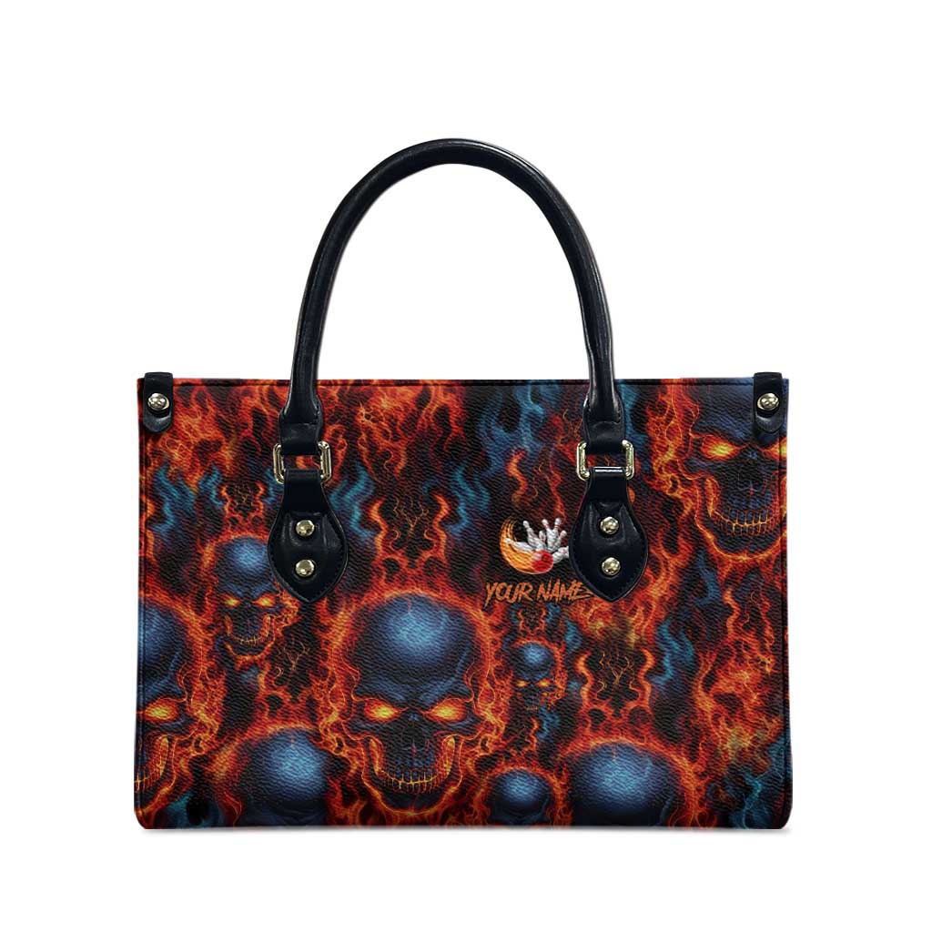Custom Flaming Skull Bowling Leather Bag with Fiery Pins and Intense Red Blue Flame Pattern - Wonder Print Shop