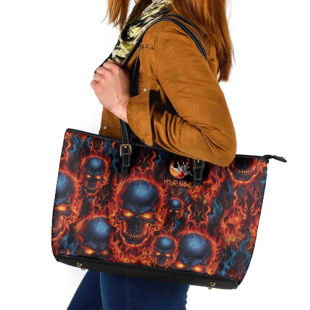 Custom Flaming Skull Bowling Leather Tote Bag with Fiery Pins and Intense Red Blue Flame Pattern - Wonder Print Shop