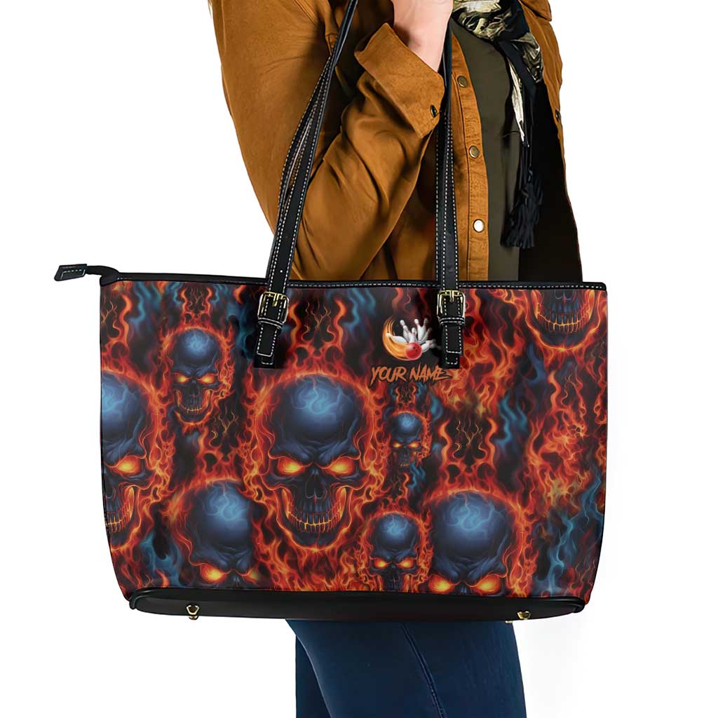 Custom Flaming Skull Bowling Leather Tote Bag with Fiery Pins and Intense Red Blue Flame Pattern - Wonder Print Shop