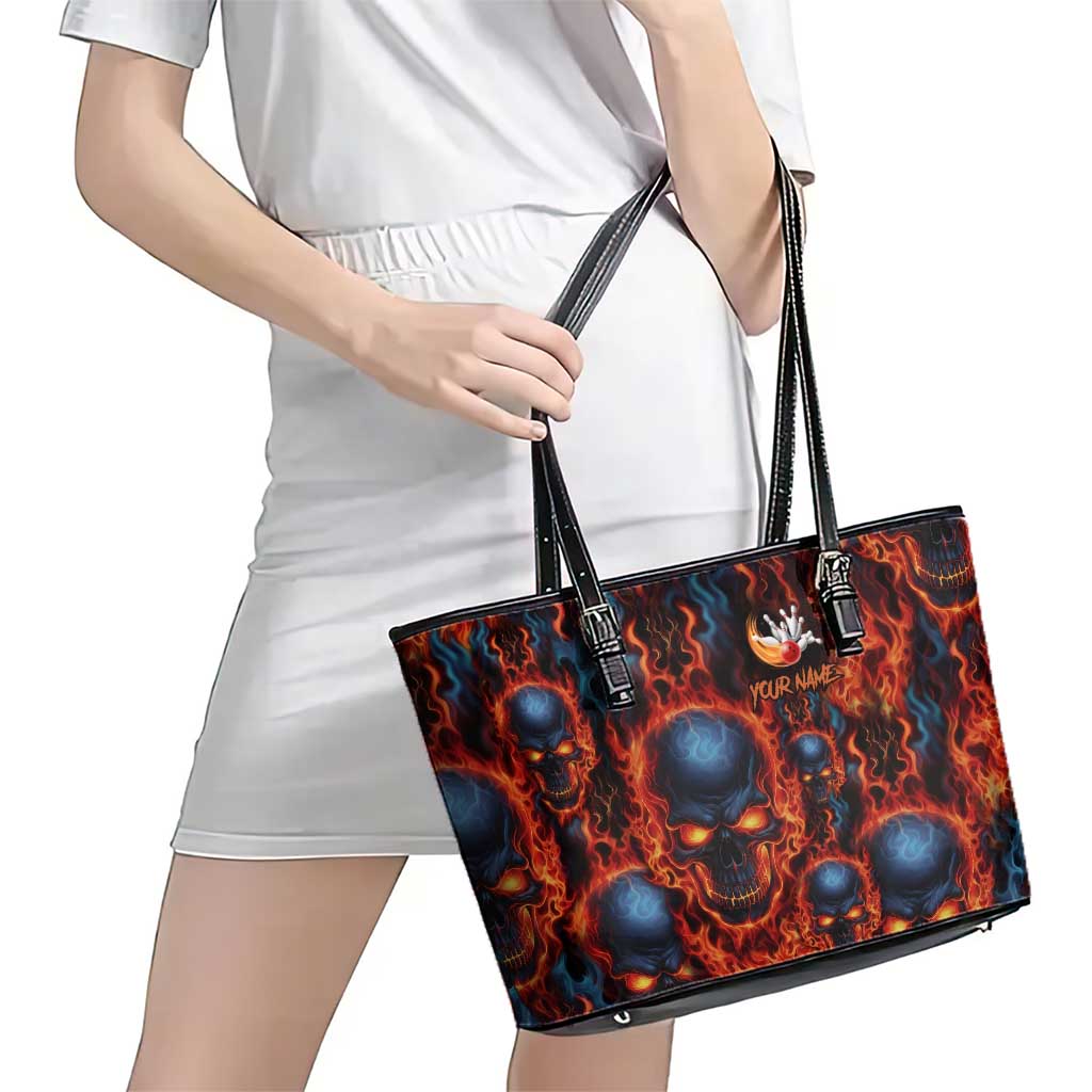 Custom Flaming Skull Bowling Leather Tote Bag with Fiery Pins and Intense Red Blue Flame Pattern - Wonder Print Shop