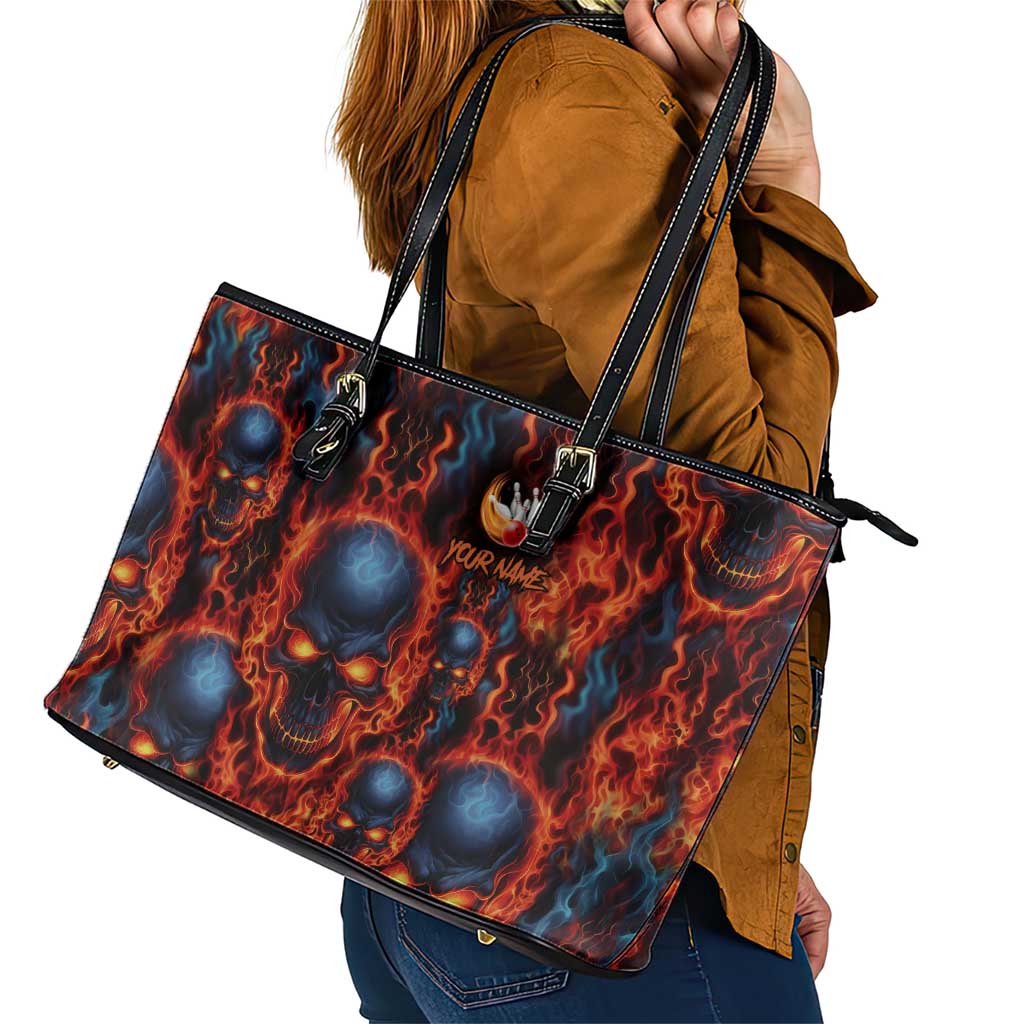 Custom Flaming Skull Bowling Leather Tote Bag with Fiery Pins and Intense Red Blue Flame Pattern - Wonder Print Shop