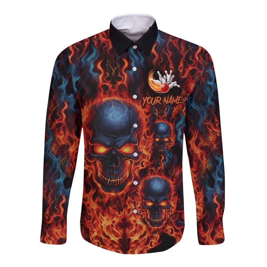 Custom Flaming Skull Bowling Long Sleeve Button Shirt with Fiery Pins and Intense Red Blue Flame Pattern - Wonder Print Shop