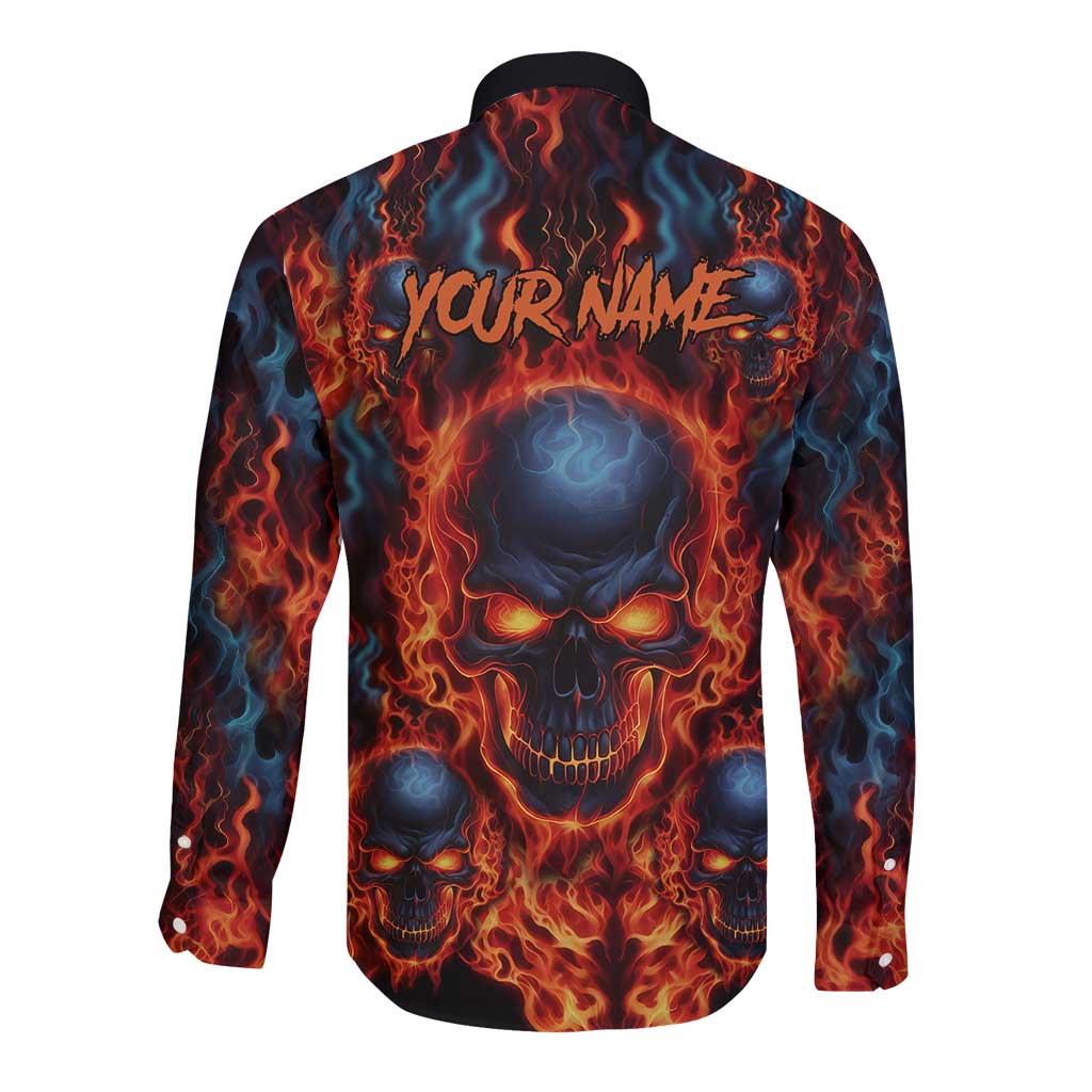 Custom Flaming Skull Bowling Long Sleeve Button Shirt with Fiery Pins and Intense Red Blue Flame Pattern - Wonder Print Shop