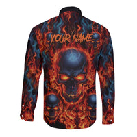 Custom Flaming Skull Bowling Long Sleeve Button Shirt with Fiery Pins and Intense Red Blue Flame Pattern - Wonder Print Shop