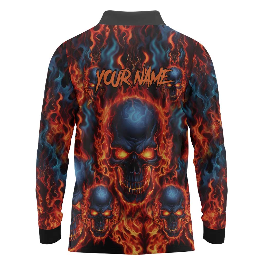 Custom Flaming Skull Bowling Long Sleeve Polo Shirt with Fiery Pins and Intense Red Blue Flame Pattern - Wonder Print Shop