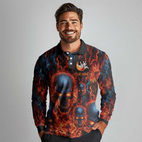 Custom Flaming Skull Bowling Long Sleeve Polo Shirt with Fiery Pins and Intense Red Blue Flame Pattern - Wonder Print Shop