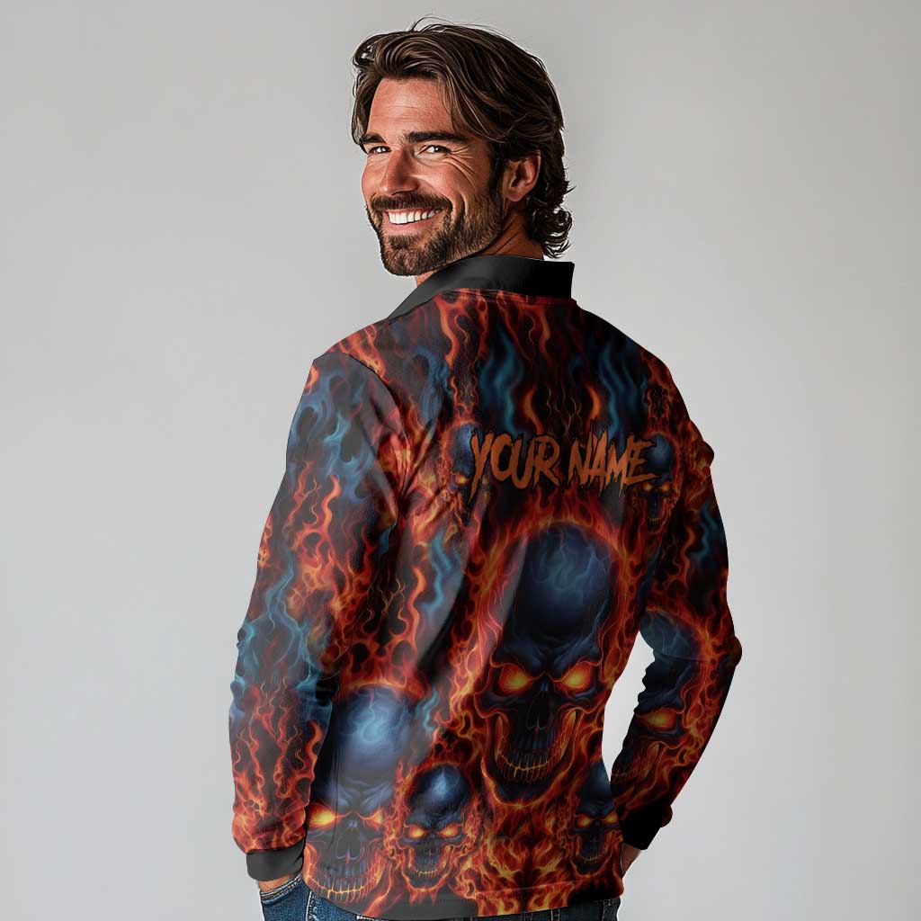 Custom Flaming Skull Bowling Long Sleeve Polo Shirt with Fiery Pins and Intense Red Blue Flame Pattern - Wonder Print Shop