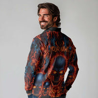 Custom Flaming Skull Bowling Long Sleeve Polo Shirt with Fiery Pins and Intense Red Blue Flame Pattern - Wonder Print Shop