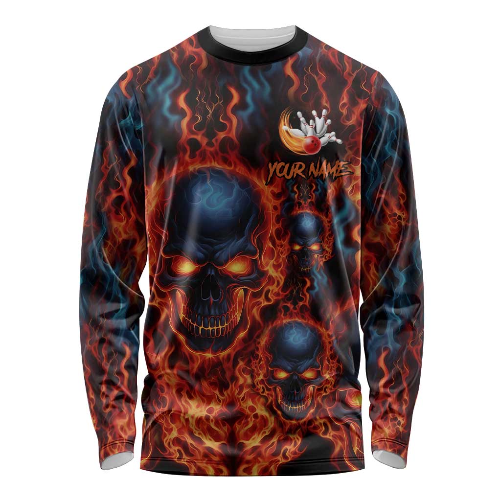 Custom Flaming Skull Bowling Long Sleeve Shirt with Fiery Pins and Intense Red Blue Flame Pattern - Wonder Print Shop
