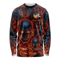 Custom Flaming Skull Bowling Long Sleeve Shirt with Fiery Pins and Intense Red Blue Flame Pattern - Wonder Print Shop