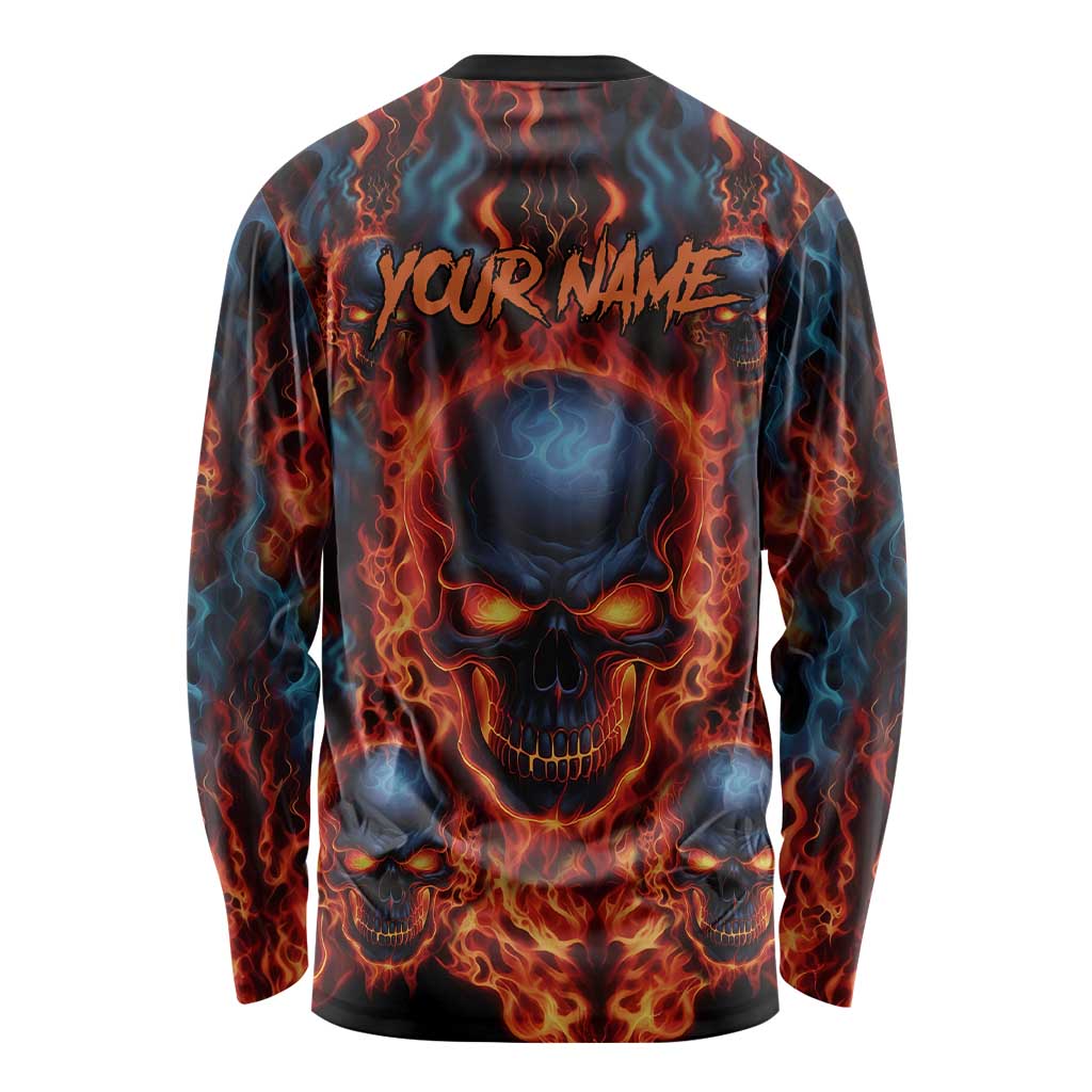 Custom Flaming Skull Bowling Long Sleeve Shirt with Fiery Pins and Intense Red Blue Flame Pattern - Wonder Print Shop