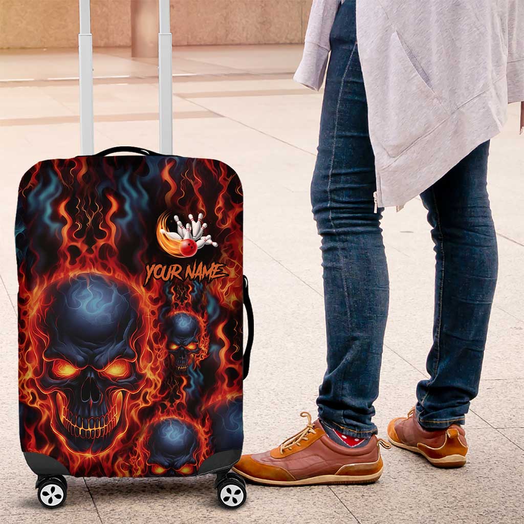Custom Flaming Skull Bowling Luggage Cover with Fiery Pins and Intense Red Blue Flame Pattern - Wonder Print Shop