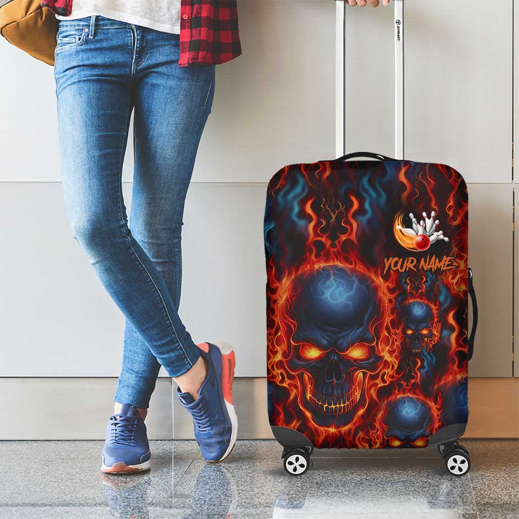 Custom Flaming Skull Bowling Luggage Cover with Fiery Pins and Intense Red Blue Flame Pattern - Wonder Print Shop