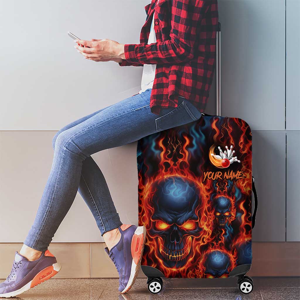 Custom Flaming Skull Bowling Luggage Cover with Fiery Pins and Intense Red Blue Flame Pattern - Wonder Print Shop