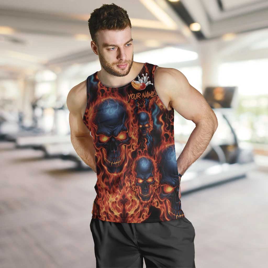 Custom Flaming Skull Bowling Men Tank Top with Fiery Pins and Intense Red Blue Flame Pattern - Wonder Print Shop