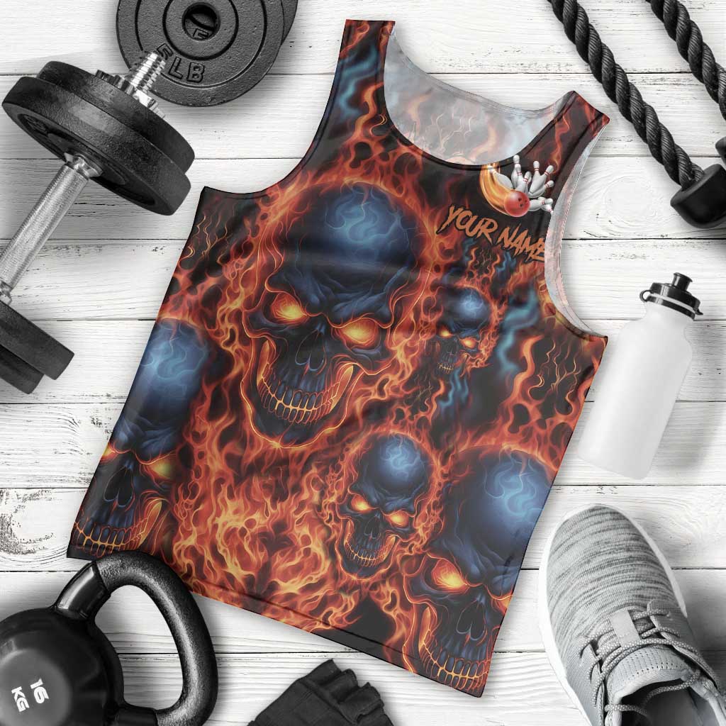 Custom Flaming Skull Bowling Men Tank Top with Fiery Pins and Intense Red Blue Flame Pattern - Wonder Print Shop