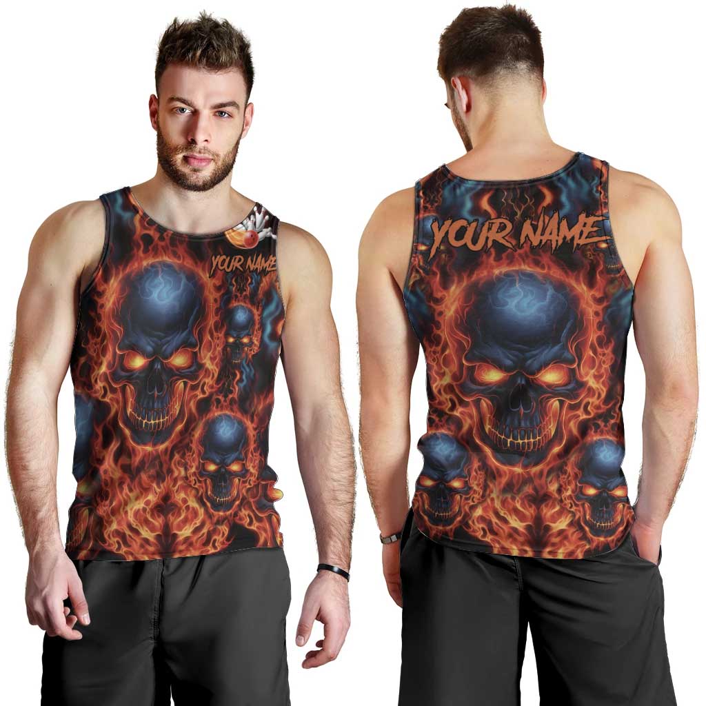 Custom Flaming Skull Bowling Men Tank Top with Fiery Pins and Intense Red Blue Flame Pattern - Wonder Print Shop