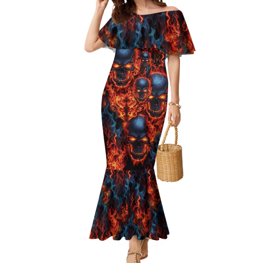 Custom Flaming Skull Bowling Mermaid Dress with Fiery Pins and Intense Red Blue Flame Pattern - Wonder Print Shop
