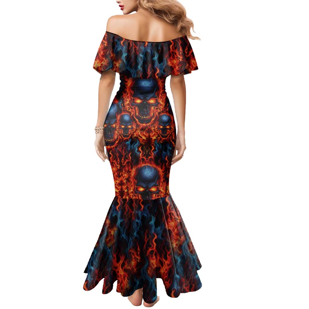 Custom Flaming Skull Bowling Mermaid Dress with Fiery Pins and Intense Red Blue Flame Pattern - Wonder Print Shop