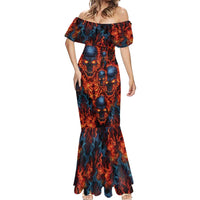 Custom Flaming Skull Bowling Mermaid Dress with Fiery Pins and Intense Red Blue Flame Pattern - Wonder Print Shop
