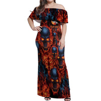 Custom Flaming Skull Bowling Off Shoulder Maxi Dress with Fiery Pins and Intense Red Blue Flame Pattern - Wonder Print Shop